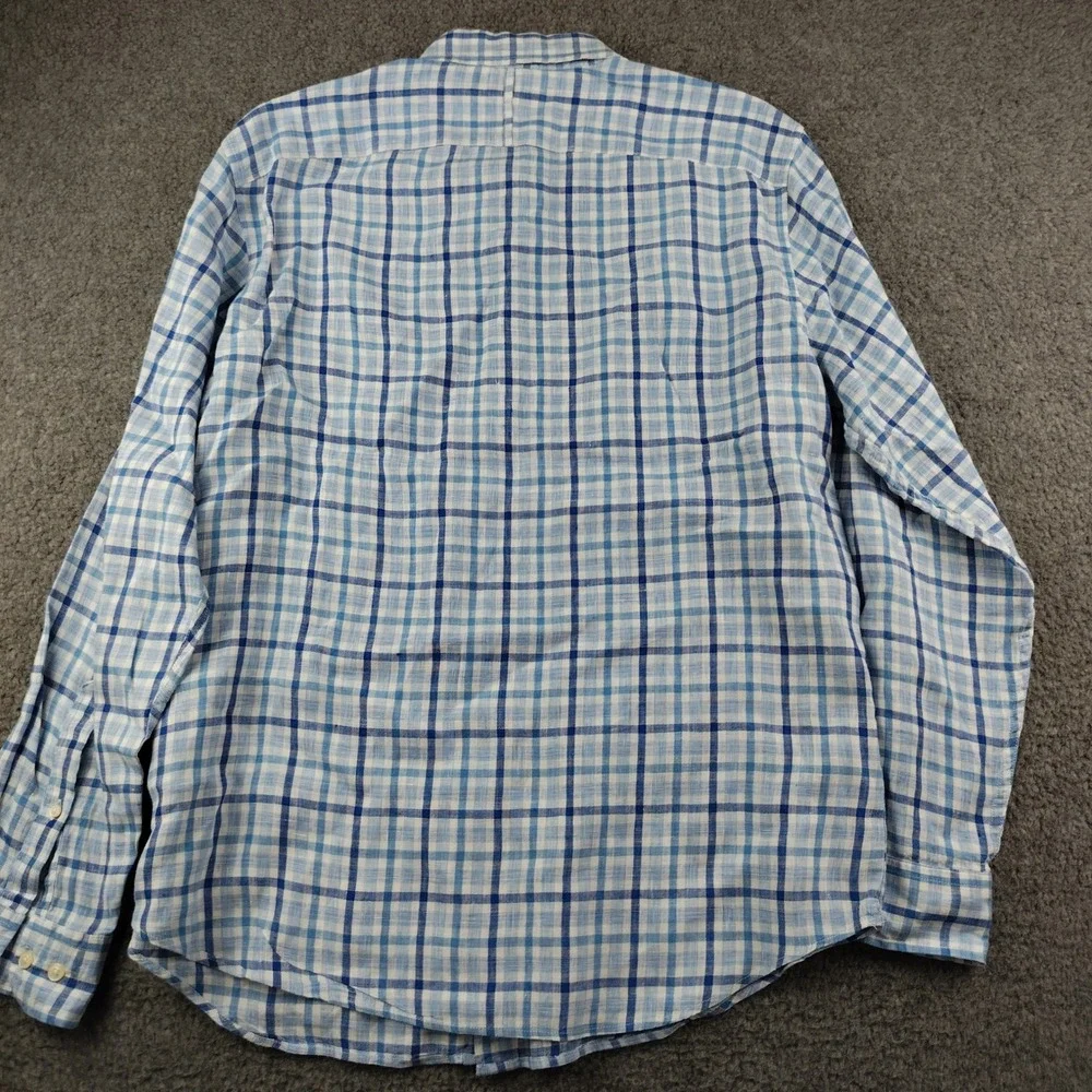 Banana Republic Linen Shirt Mens Blue White Plaid Camden Standard Fit Large